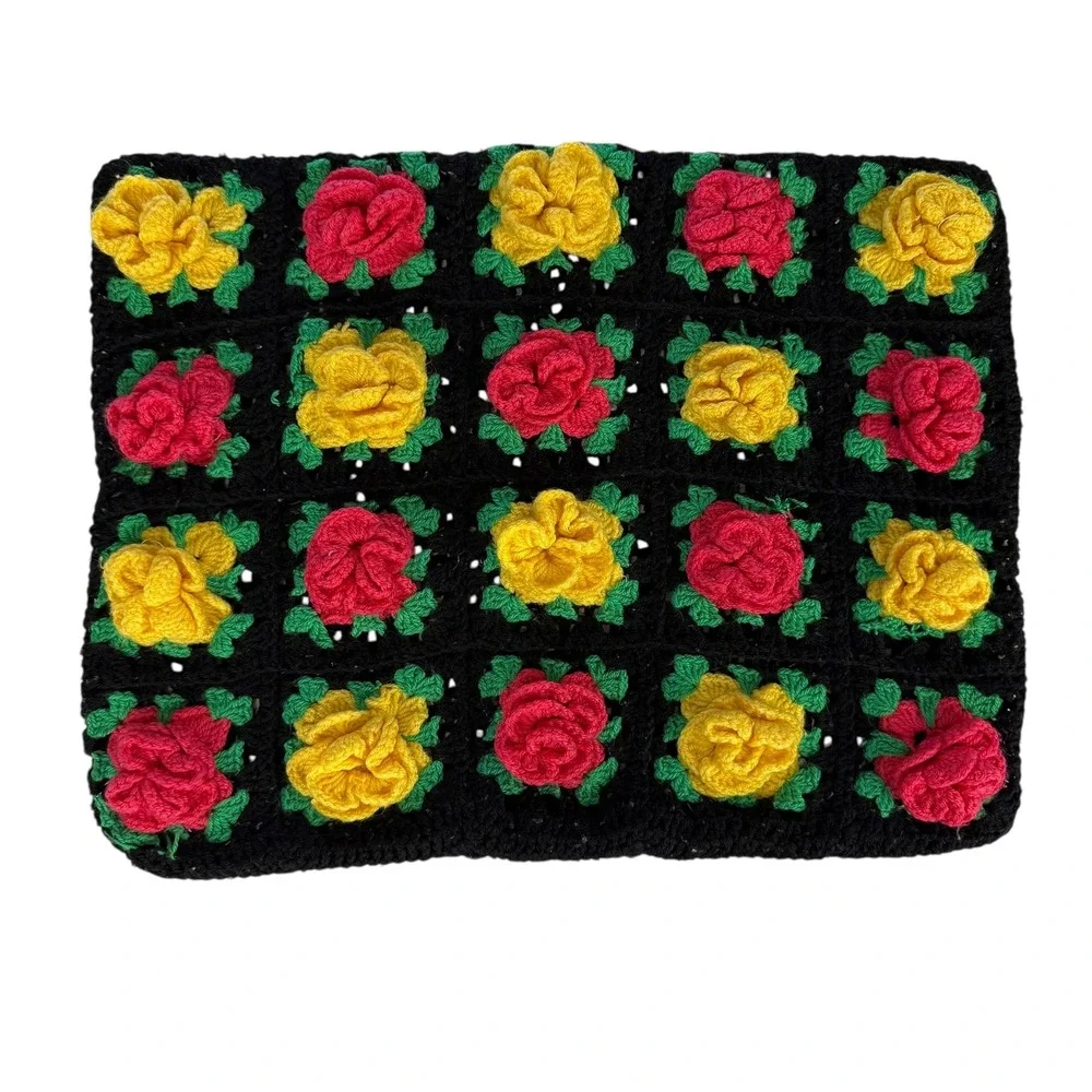 Crochet Pillow Cover Throw Cushion Black Granny Square Roses Handmade